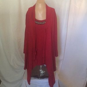 Red embellished tunic with faux cardigan